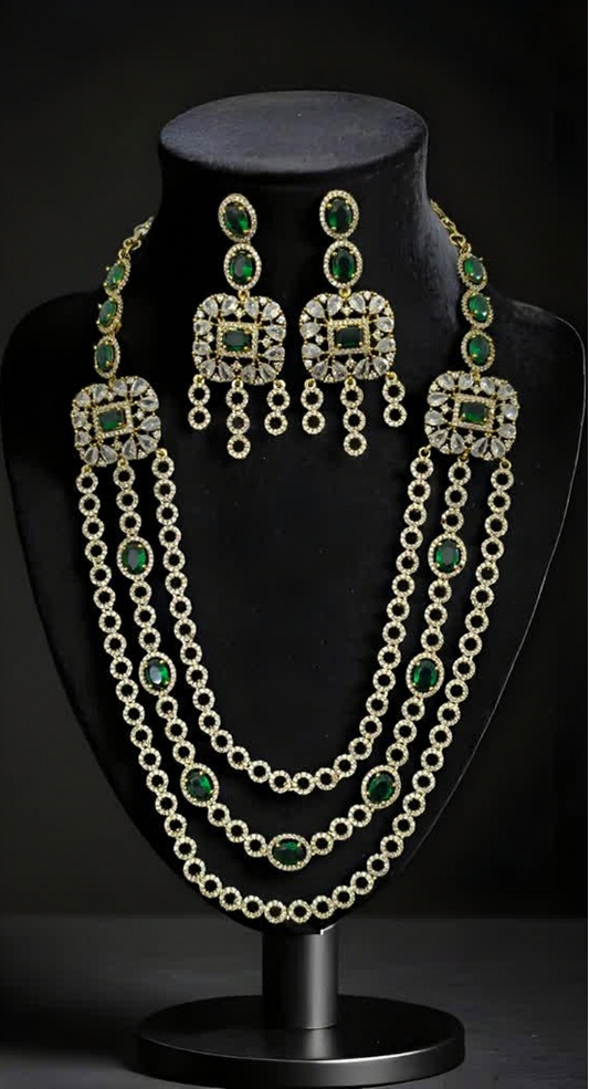 Adrithi 3 Layer CZ Green White Multistone Necklace