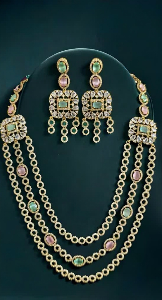 Sushmita 3 Layer CZ Pink-White -Green Multistone Necklace