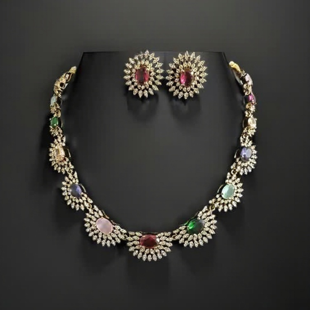 Noura Crescent Moon Multistone Necklace with Earstuds