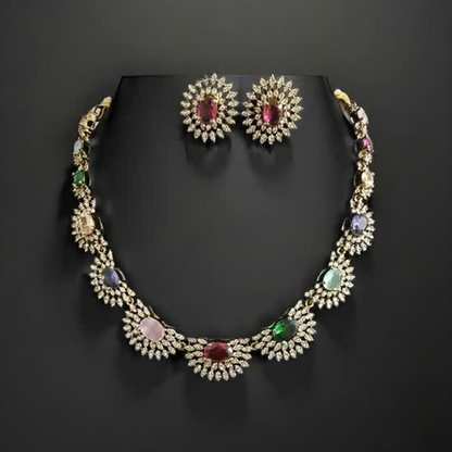 Noura Crescent Moon Multistone Necklace with Earstuds