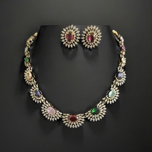 Noura Crescent Moon Multistone Necklace with Earstuds