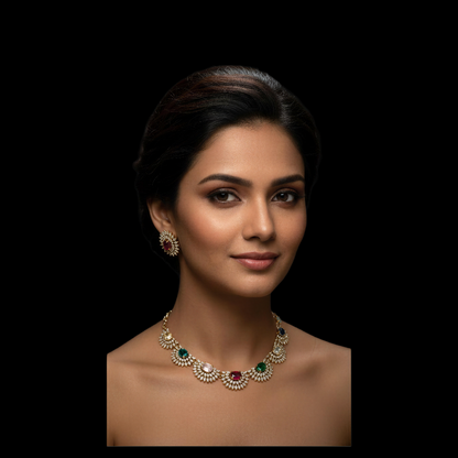 Noura Crescent Moon Multistone Necklace with Earstuds