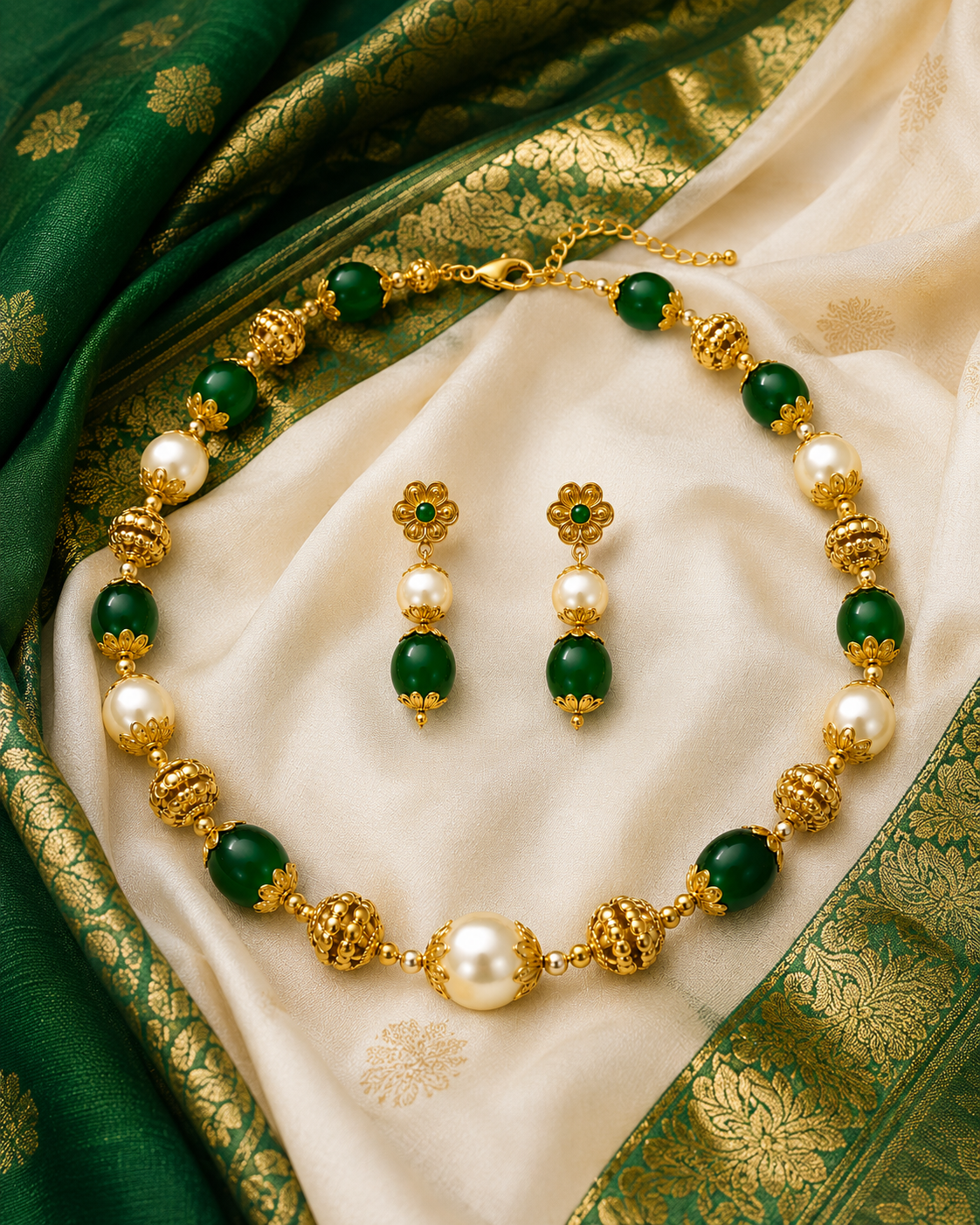 Gold necklace with green and pearl beads on a green and gold fabric background