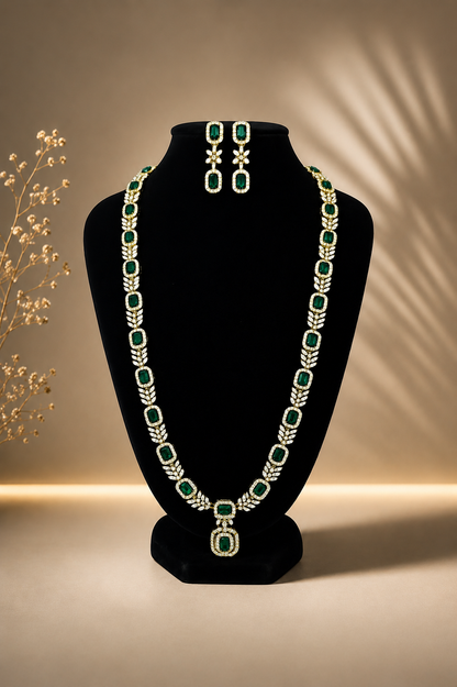 Green CZ Long Party Wear Necklace Set