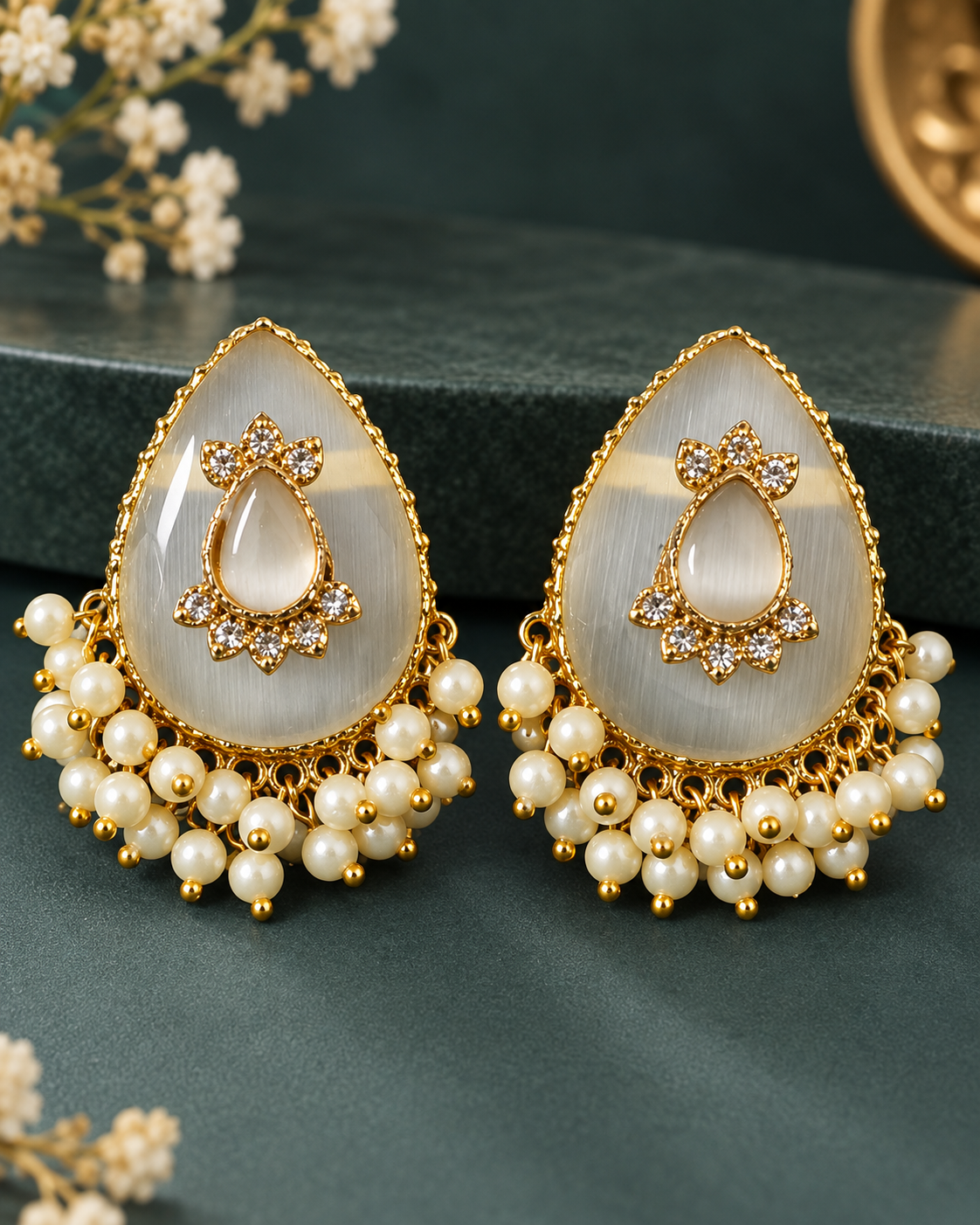 Teardrop Cabochon Pearl-Fringe Stud Earrings