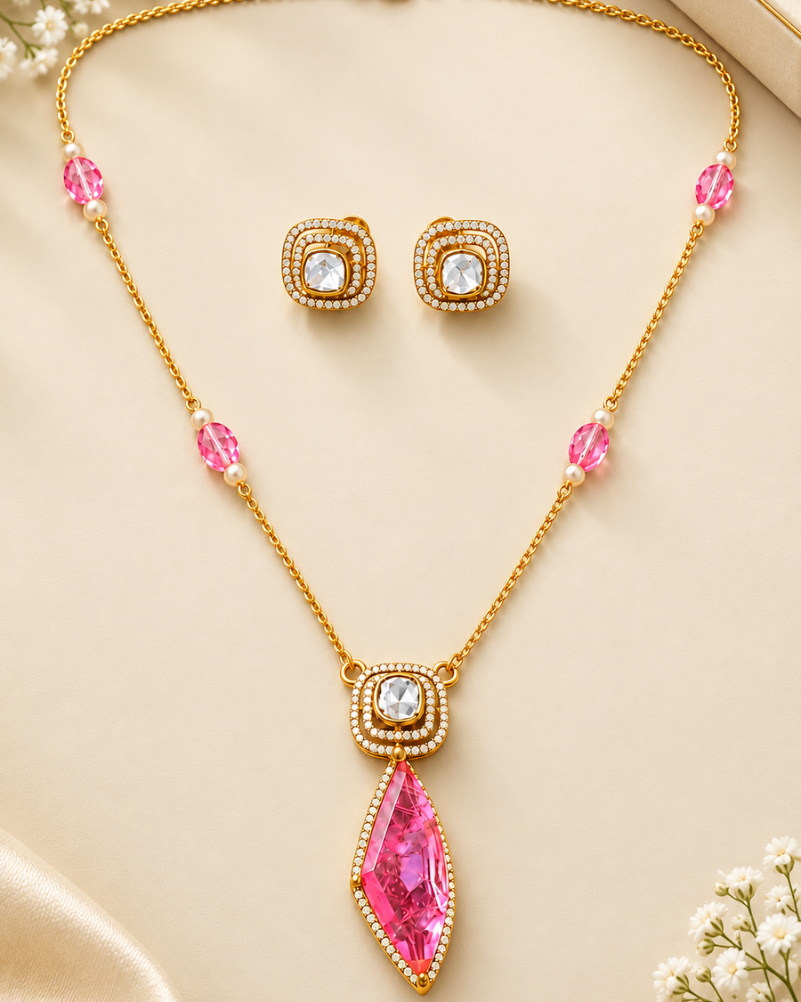 Pink gemstone moissanite pendant necklace with matching earrings on black