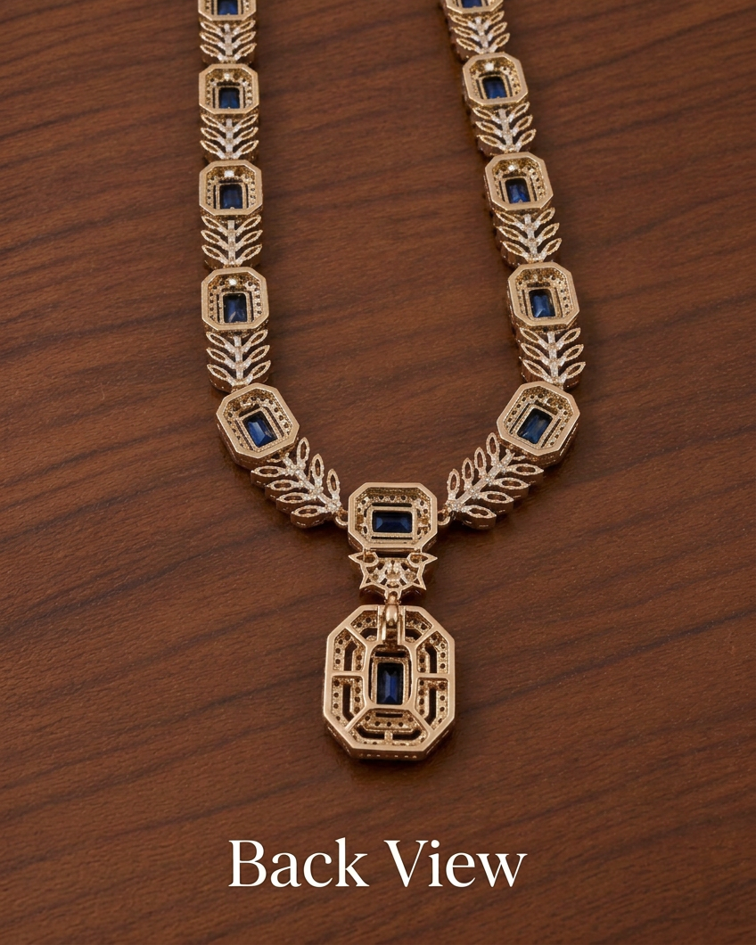 Back view of Premium Statement CZ Nava Haar Set in Midnight Blue showing its antique gold-colour plating