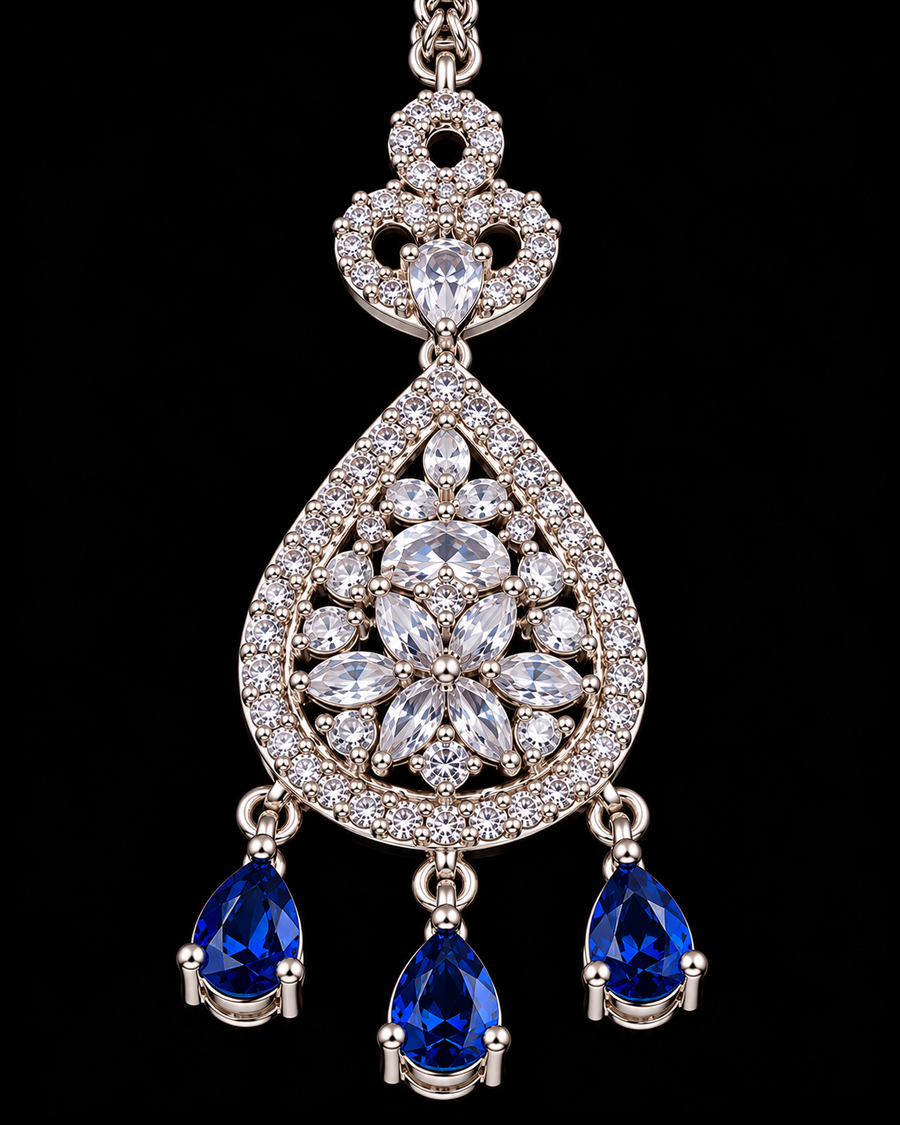 Blue Sapphire AD Rhodium plated Maangtikka (Nettichutti)