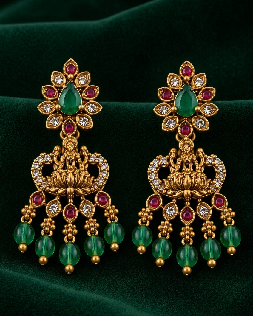 A pair of ornate gold-toned Indian-style dangle earrings with green teardrop emeralds, pinkish-red round rubies, clear stones, and hanging green beads, displayed on a dark green velvet background.