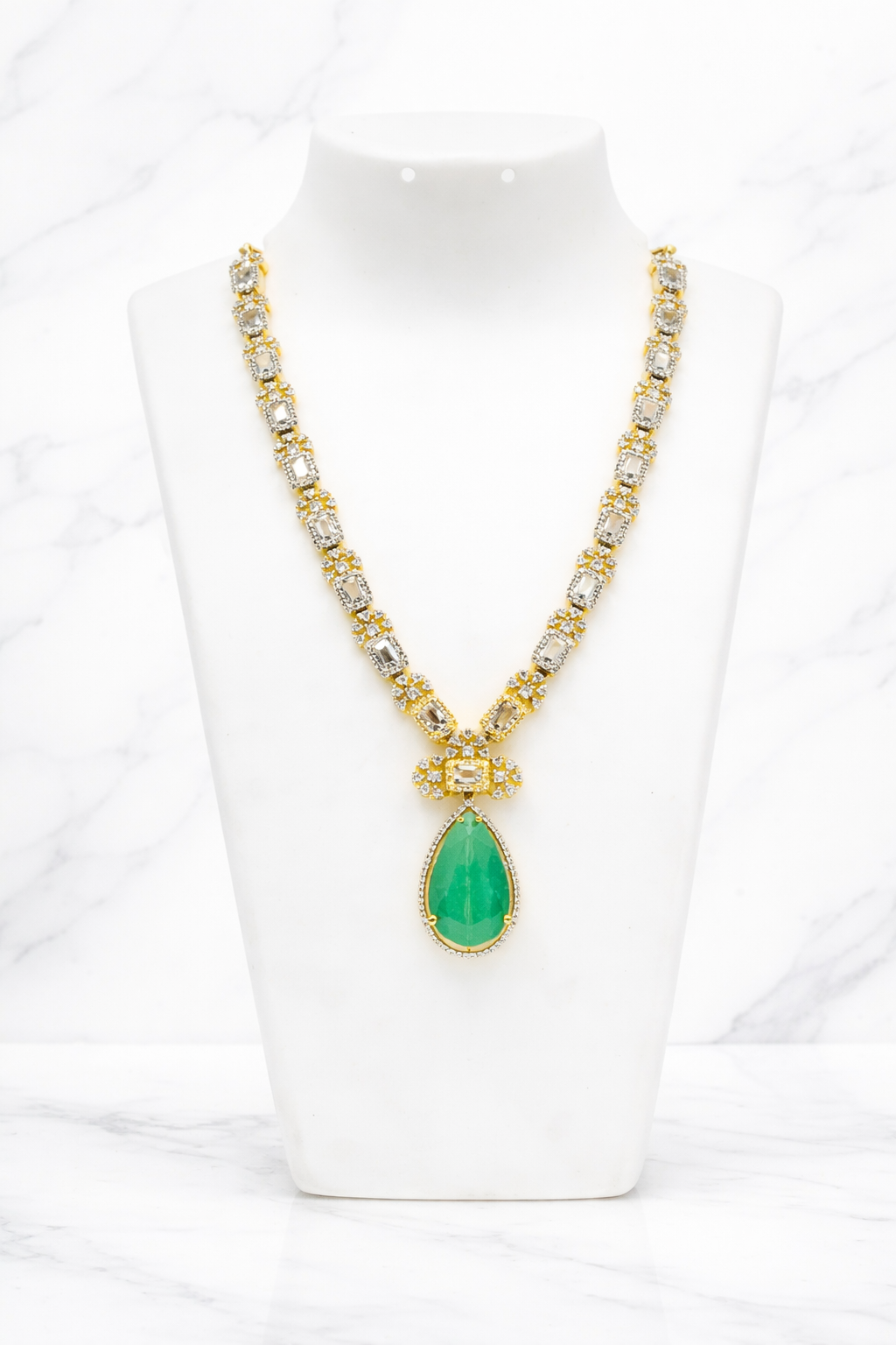 Aarushi Diamond Replica Green Rain drop Necklace