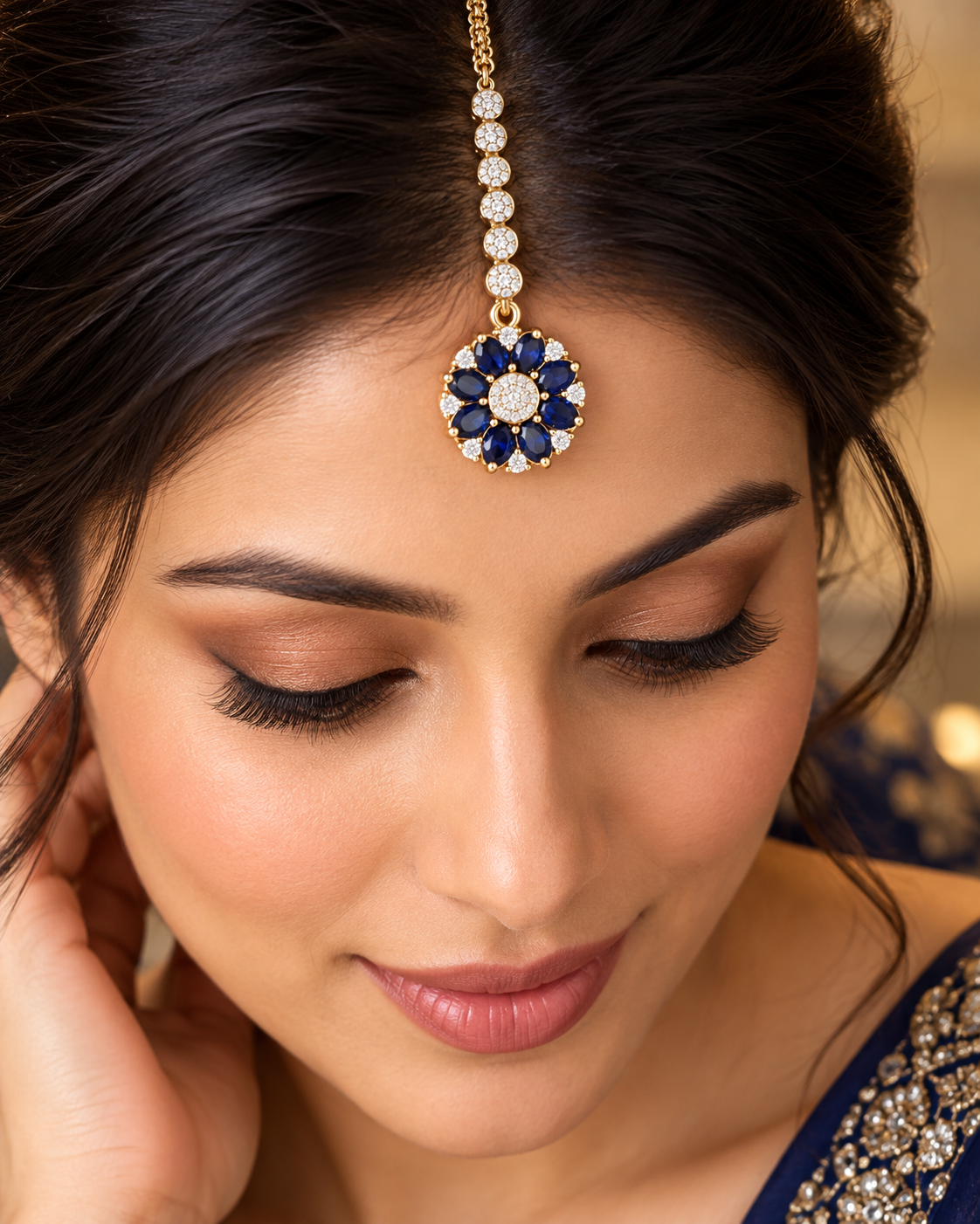 Midnight Blue AD Stone Rose Gold-Finish Maangtikka