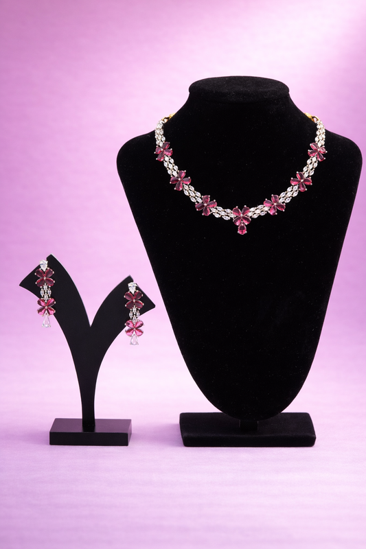 Alvira CZ Ruby & White Party Wear Rhodium Plated Necklace