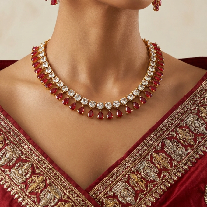 Gold necklace with ruby red stones displayed on a white bust
