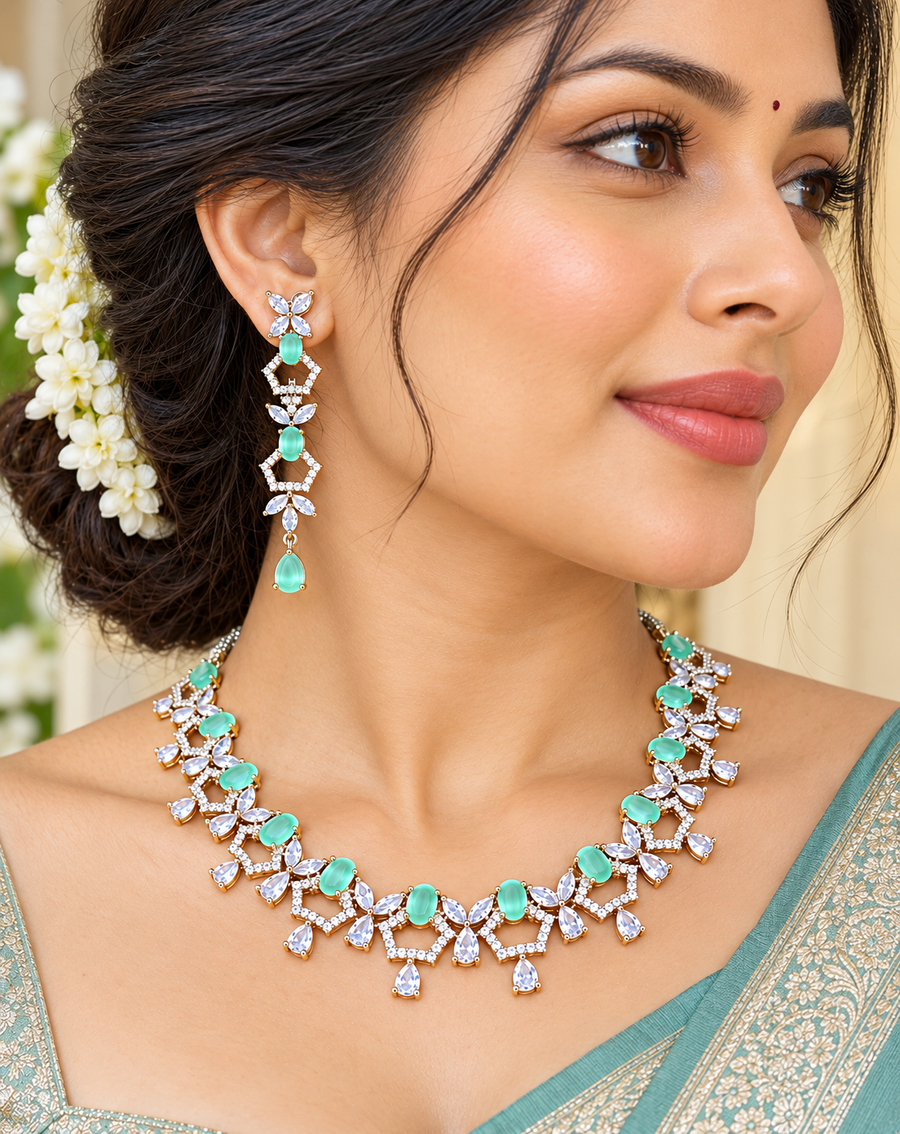 Green & White CZ Partywear Necklace Set