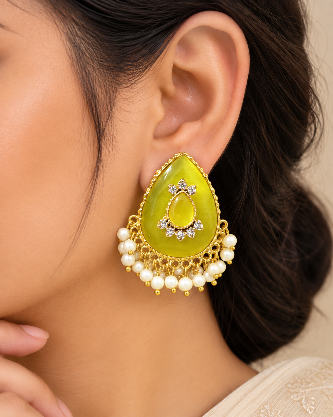 Teardrop Cabochon Pearl-Fringe Stud Earrings