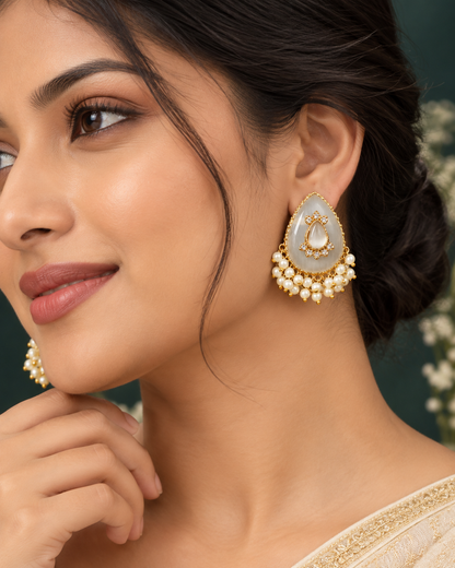 Teardrop Cabochon Pearl-Fringe Stud Earrings