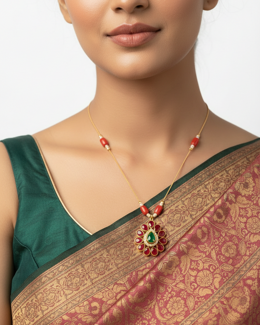 Invisible Necklace with Ruby & Emerald Green Pendant