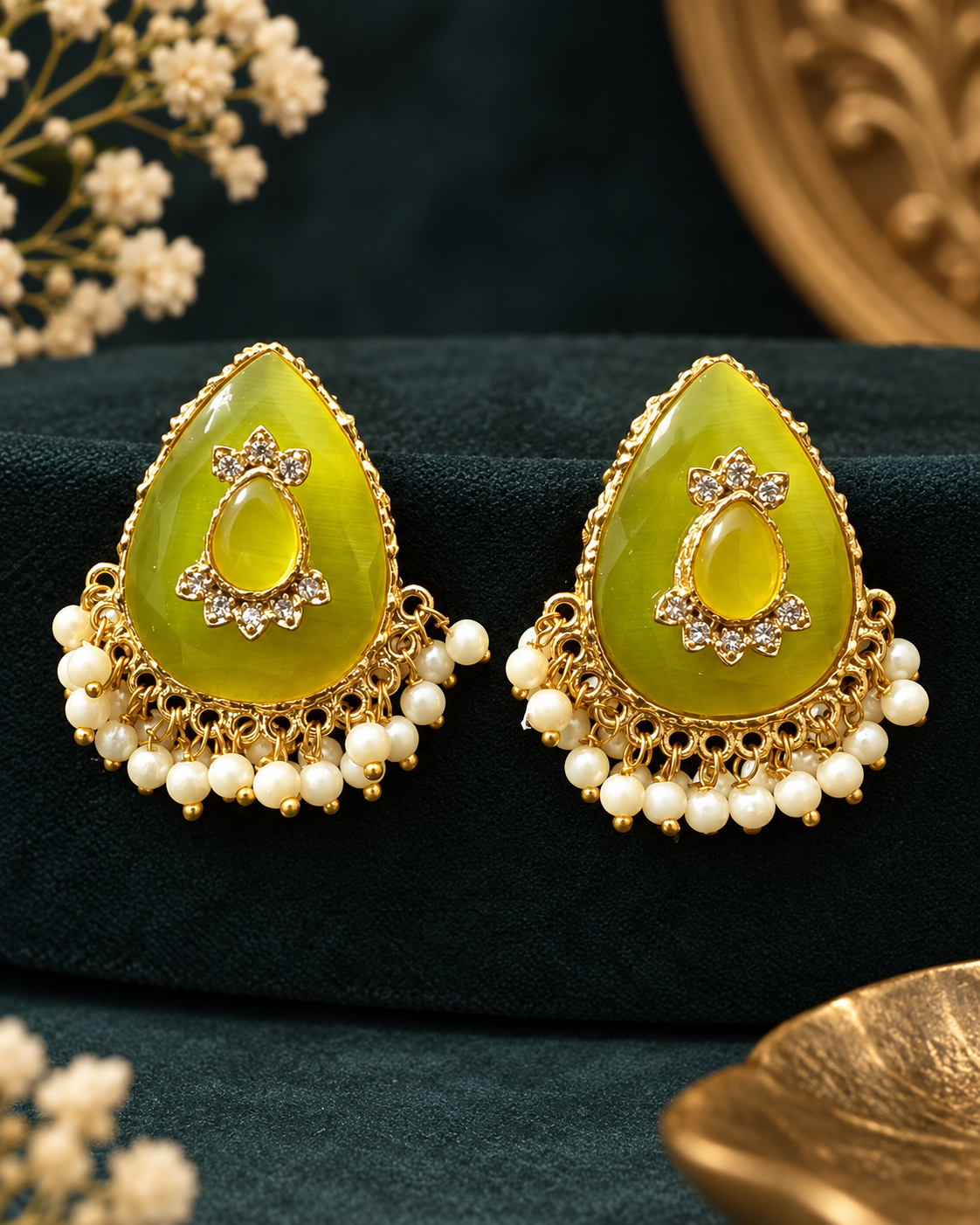 Teardrop Cabochon Pearl-Fringe Stud Earrings