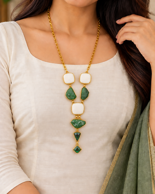 Y -Drop Light Green Jade Gemstone Handcrafted  Necklace