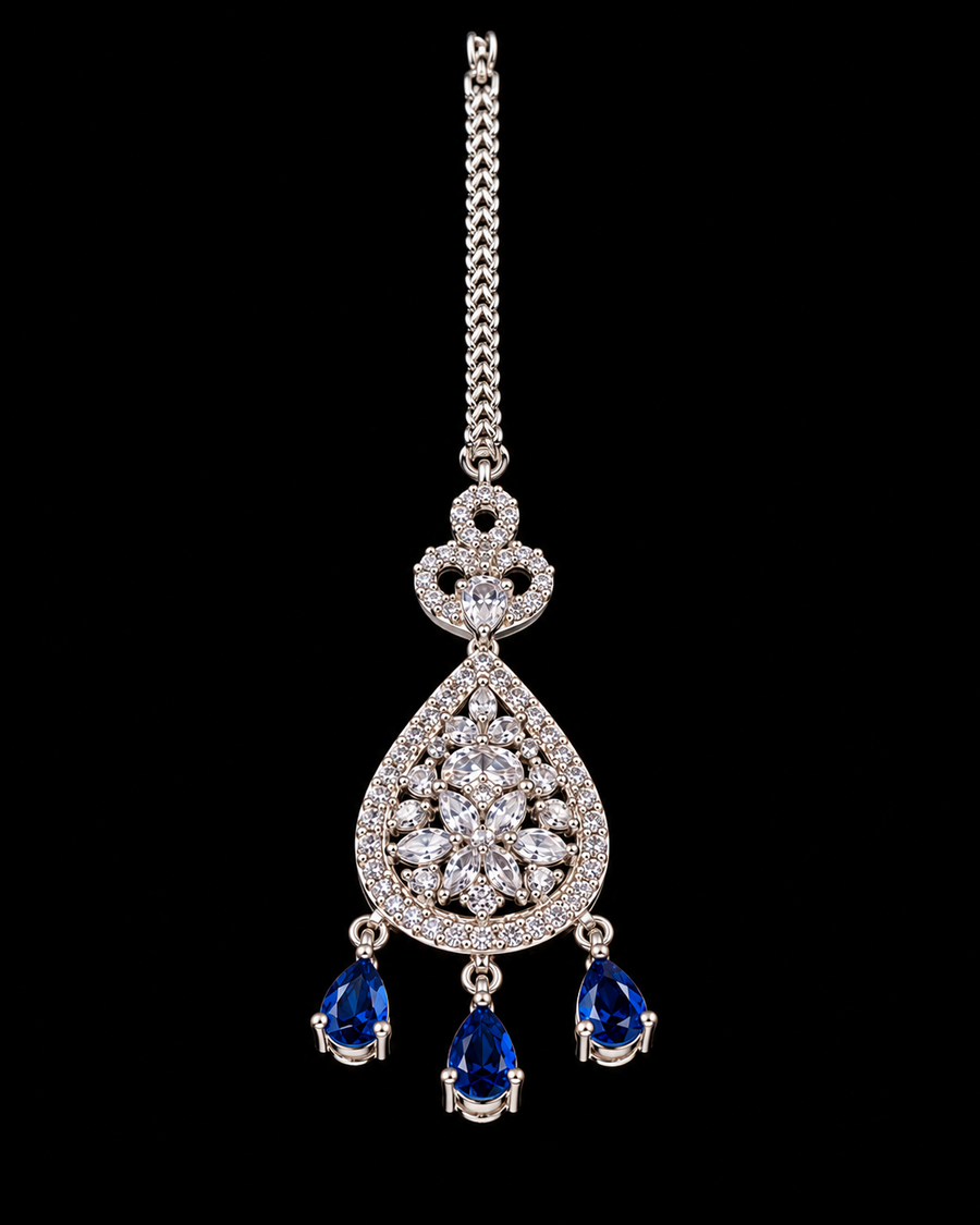 Blue Sapphire AD Rhodium plated Maangtikka (Nettichutti)
