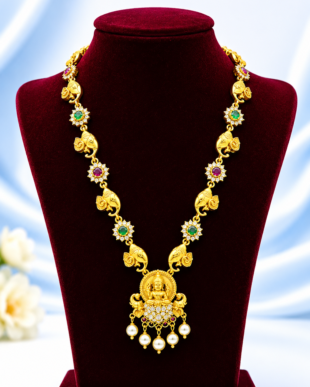 Antique Gold Lakshmi Pendant Necklace Set with Pearl Drops