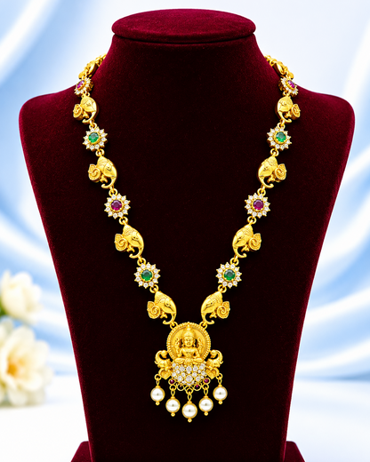 Antique Gold Lakshmi Pendant Necklace Set with Pearl Drops