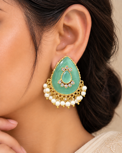 Teardrop Cabochon Pearl-Fringe Stud Earrings