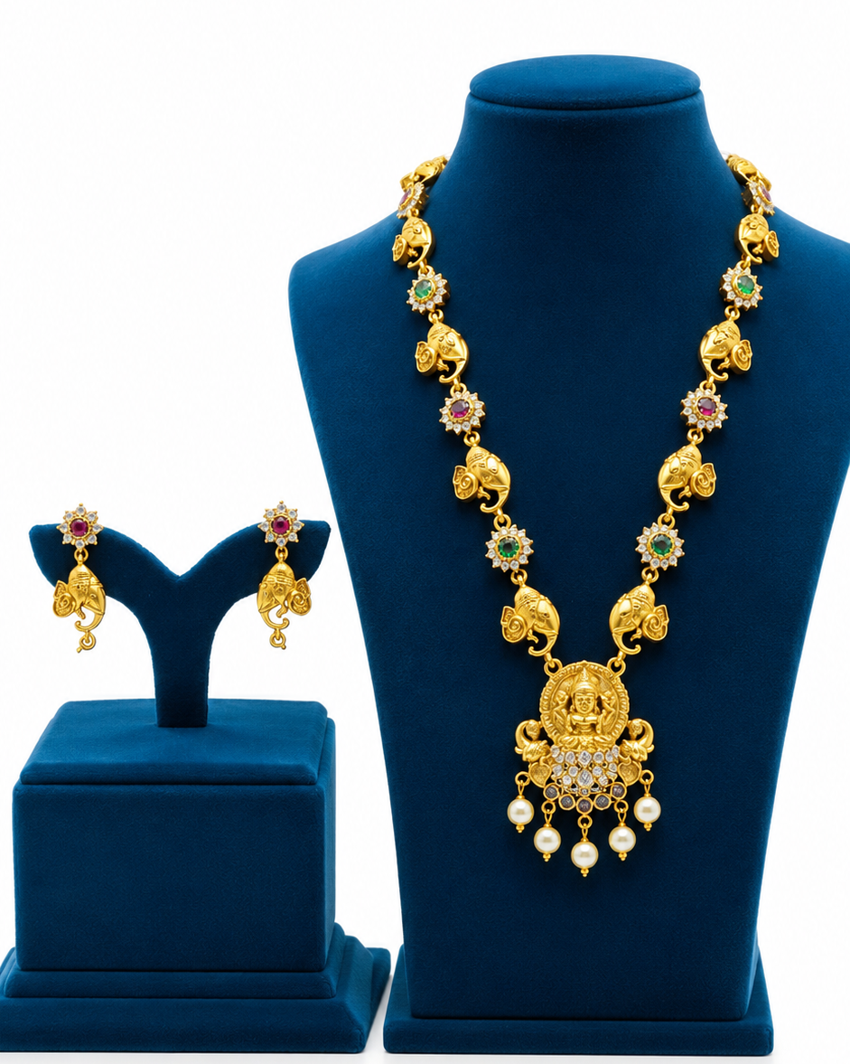 Antique Gold Lakshmi Pendant Necklace Set with Pearl Drops