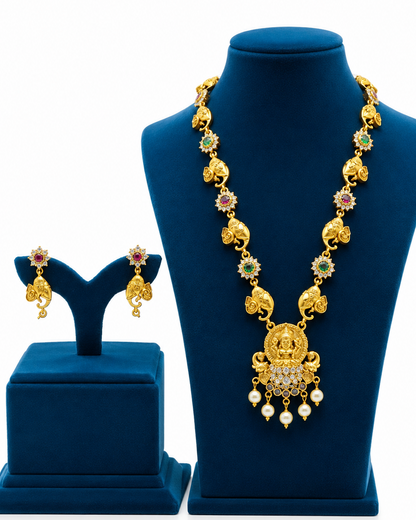 Antique Gold Lakshmi Pendant Necklace Set with Pearl Drops
