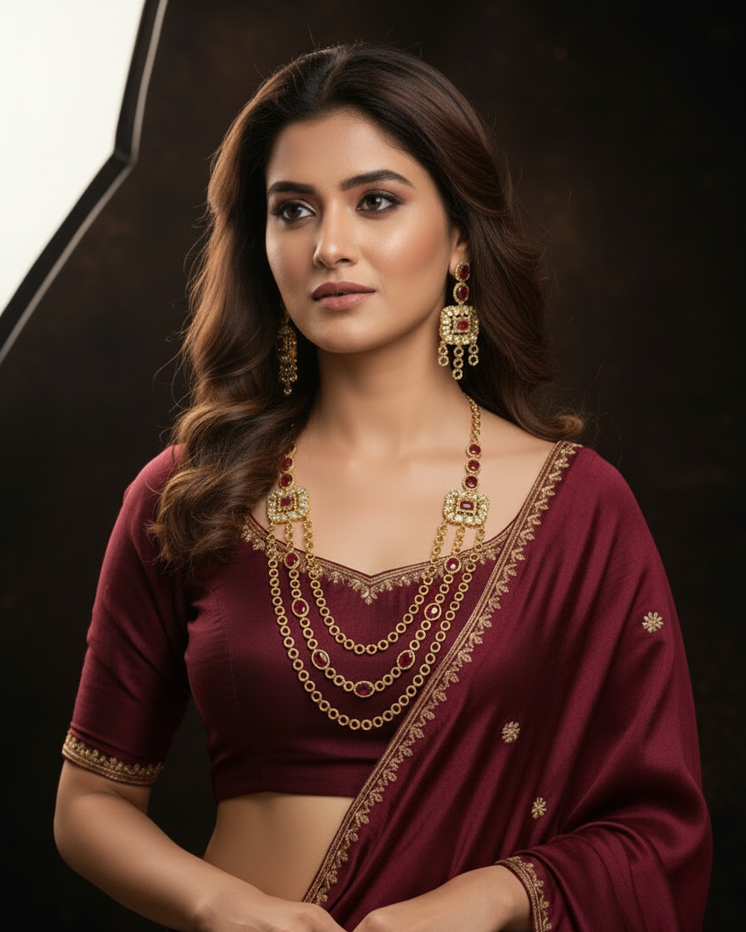 Sushmita CZ Red&White Multistone 3 Layer Necklace