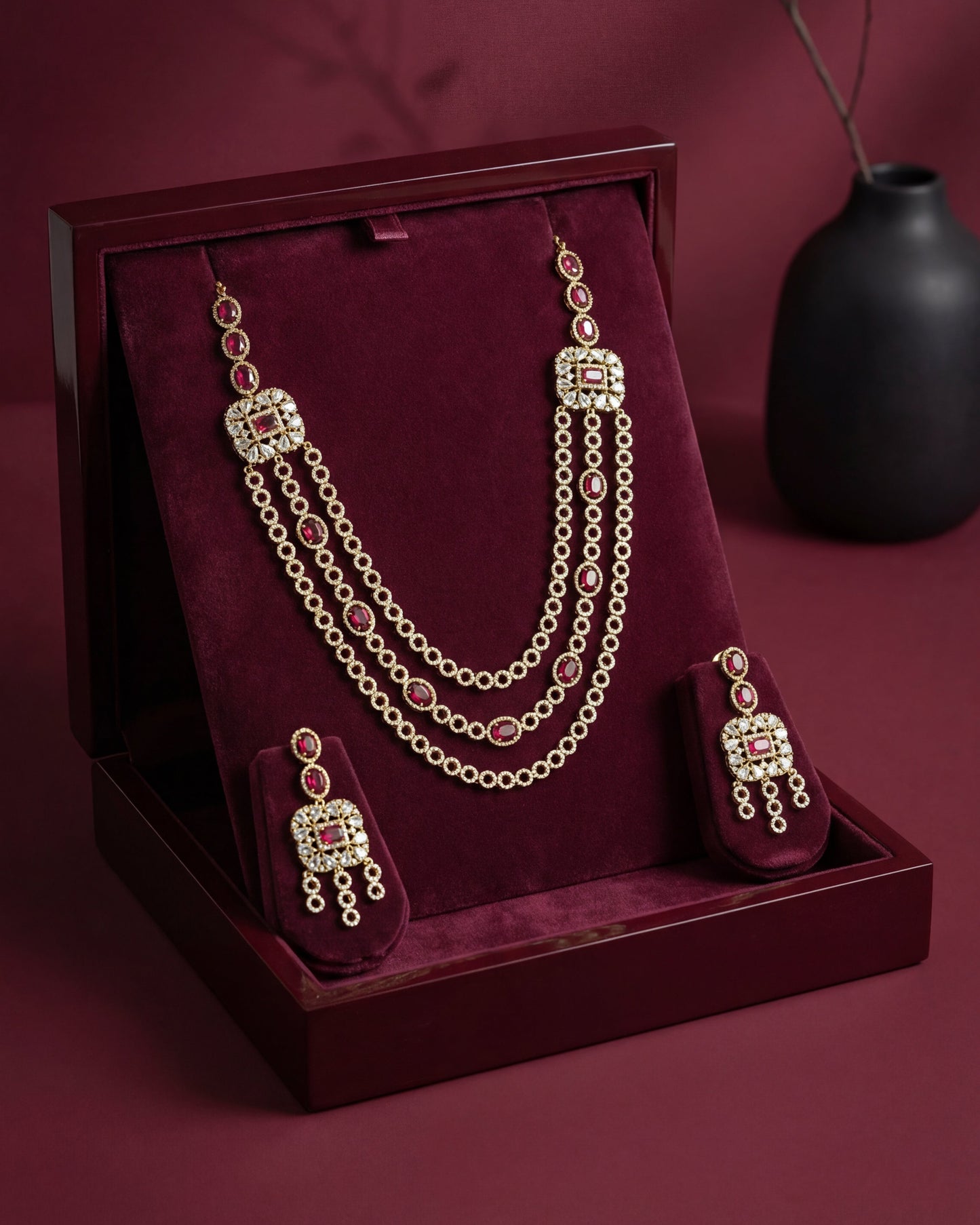 Sushmita CZ Red&White Multistone 3 Layer Necklace