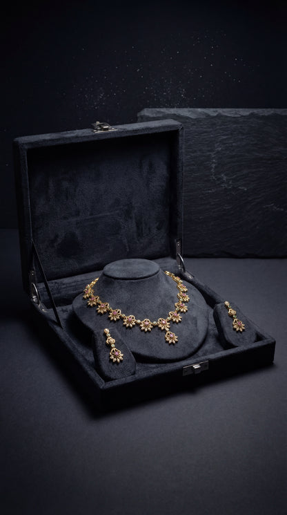 Gulzar White & Ruby CZ Floral Golden Necklace