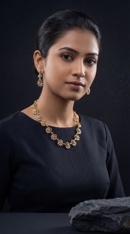 Gulzar White & Ruby CZ Floral Golden Necklace