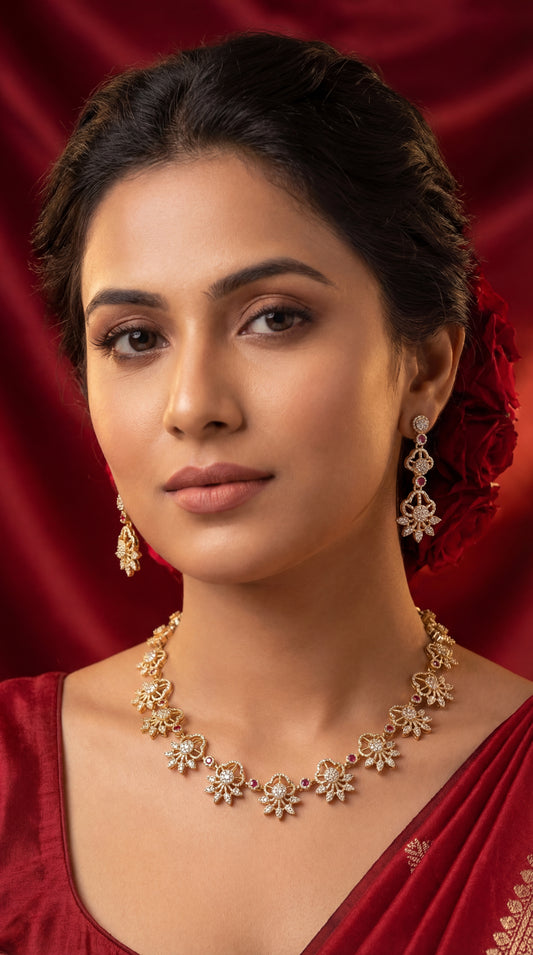 Gulzar White stone Floral Golden Necklace