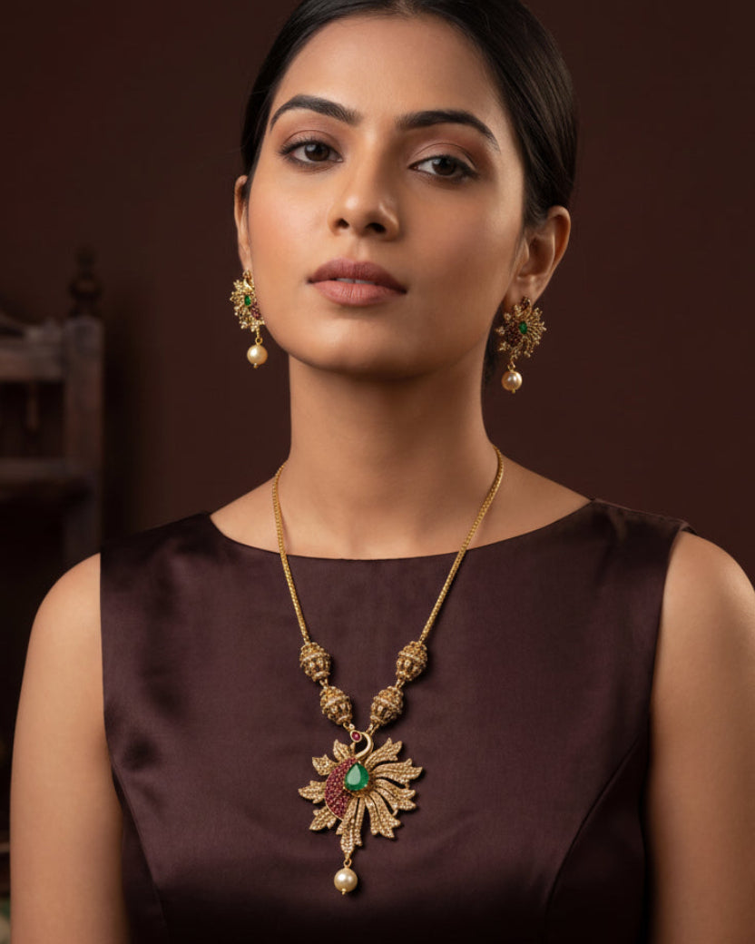 Swati Leaf Green & Red Pendant Necklace