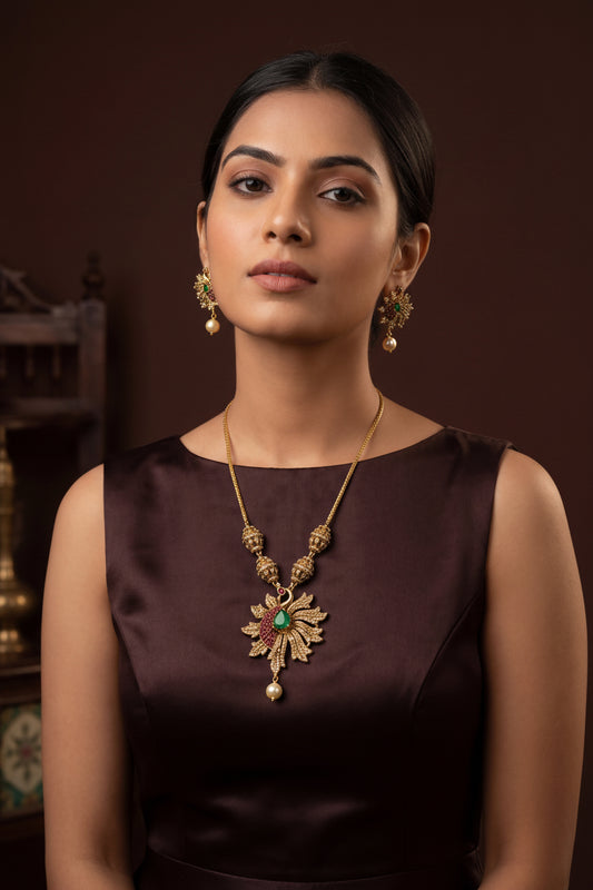 Swati Leaf Green & Red stone Pendant Necklace