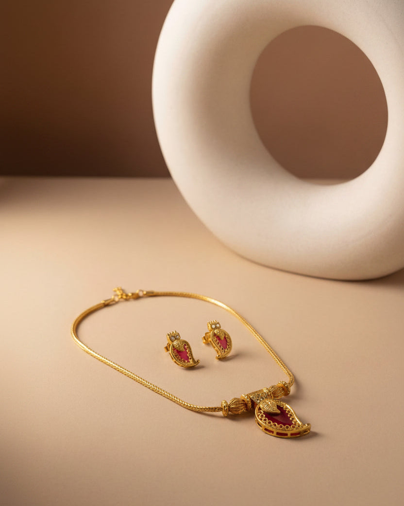 Traditional Red Mango Malai Addigai Necklace Set