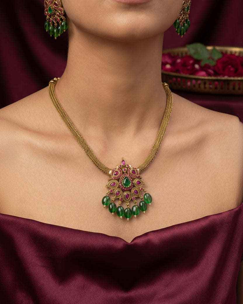 Sivi Antique Temple Attigai Ruby Necklace set
