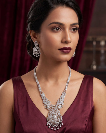 Kajol Diamond Replica White Gold Long Necklace Set