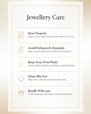 A decorative Jewellery Care poster with ornate gold borders on a dark navy background, featuring gold and white text with icons for proper storage, avoiding perfumes and chemicals, keeping away from water, cleaning after use, and handling with care.