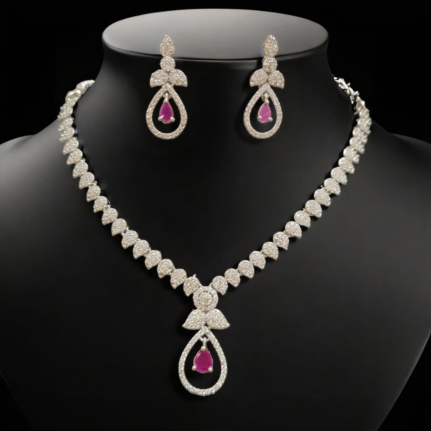 AD STONE WHITE OASIS NECKPIECE WITH EARRINGS RHODIUM PLATED