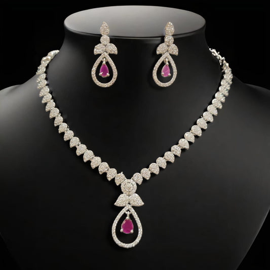 AD STONE WHITE OASIS NECKPIECE WITH EARRINGS RHODIUM PLATED